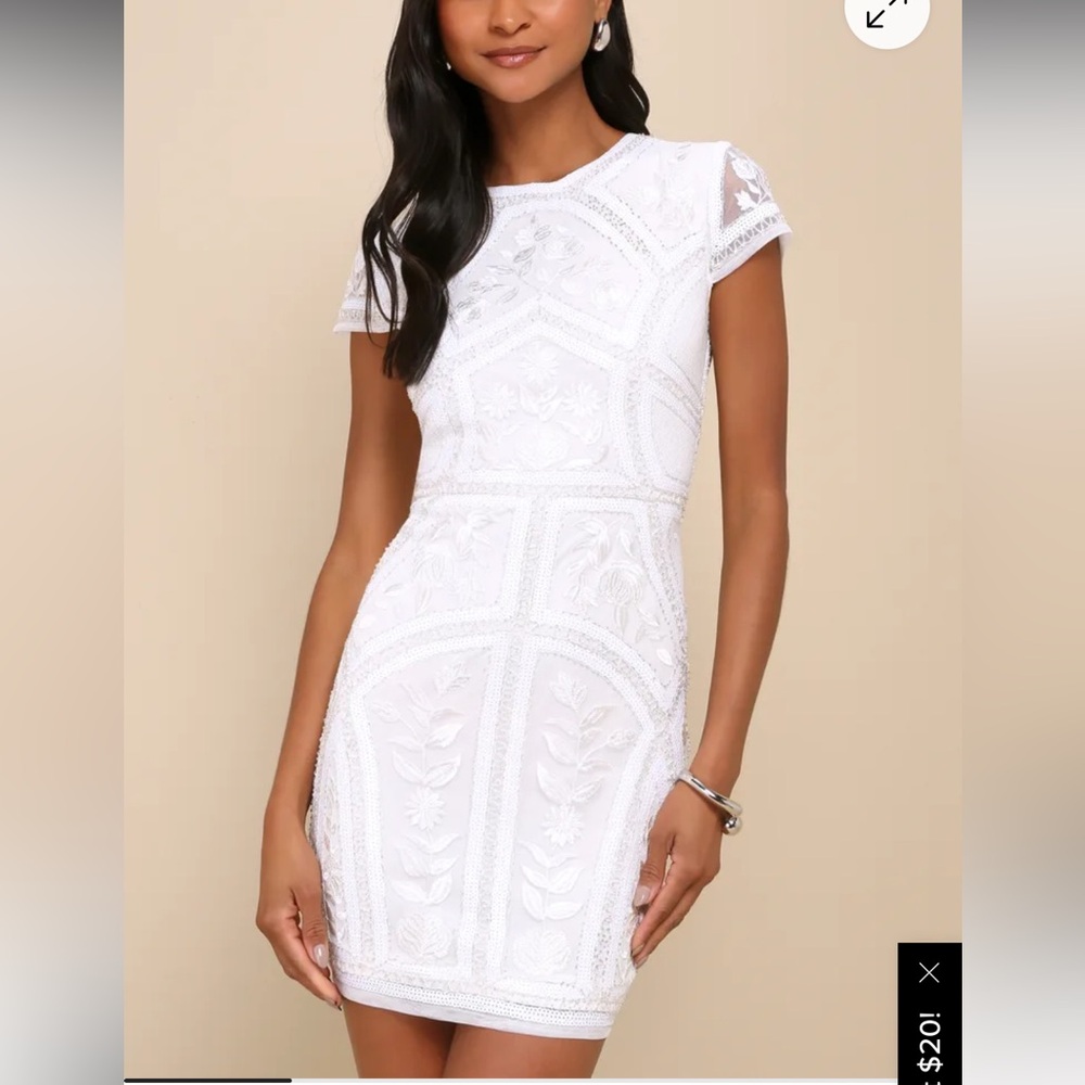 Lulu's White Sequin Embroidered Bodycon Dress: Medium